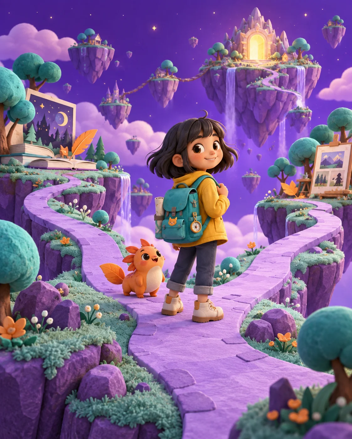 Ilustración de una exploradora eligiendo su camino en un mundo de islas flotantes